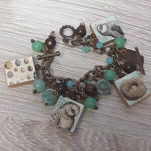 Owl charm beaded bronze chain bracelet 'HOOT' scrabble piece